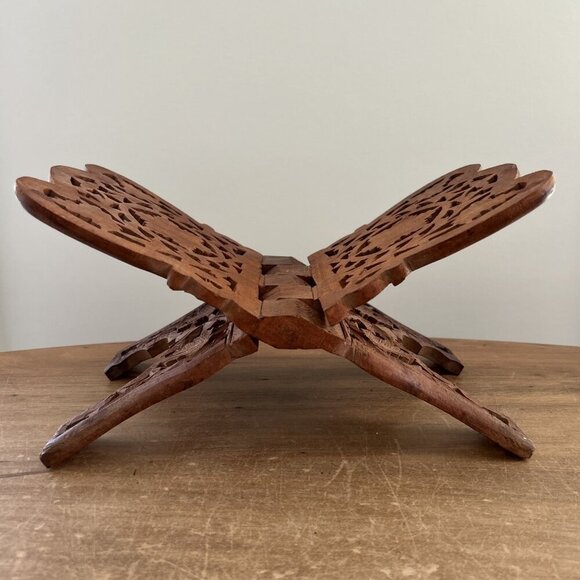 Vintage Hand Carved Wood Folding Cookbook Holder Bible Book Display Stand Boho - Picture 1 of 4